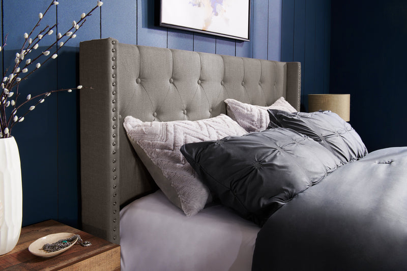 Brady Upholstered Wingback Bed in Light Grey Fabric with Nailhead Design, Button Tufted - King Size