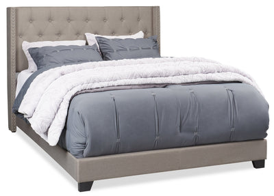Brady Upholstered Wingback Bed in Light Grey Fabric with Nailhead Design, Button Tufted - Queen Size | Lit rembourré à oreilles Brady en tissu gris clair avec clous décoratifs et capitonnage à boutons - format grand lit