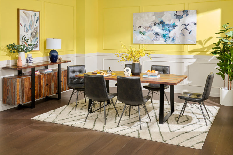 Bowery Dining Table, Sheesham Wood, Metal, Trapizoid Base, 80\"W - Brown