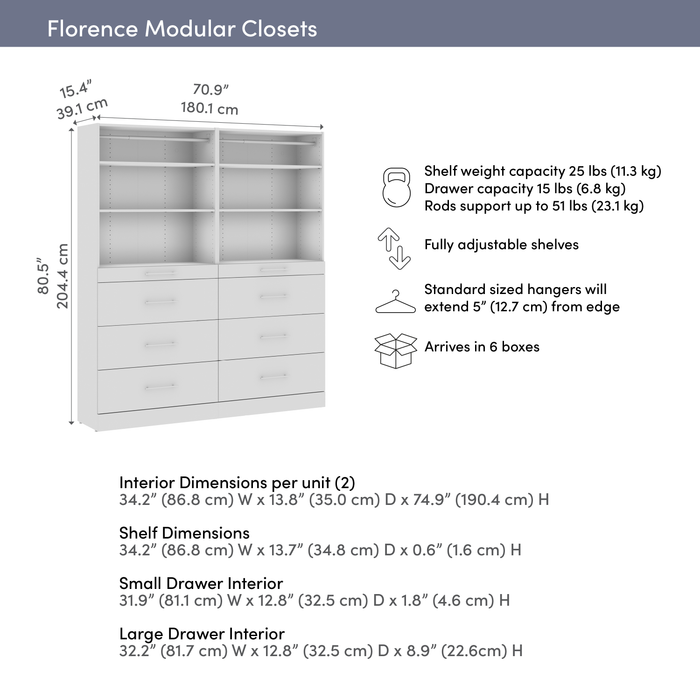 Bestar Florence 71\" Modular Reach-In/Walk-In Closet System with Shelves and Drawers Slab Style - White