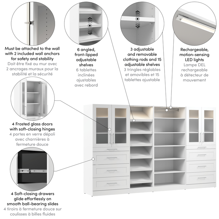 Bestar Florence 132\" Modular Walk-In Closet System with LED Lights, Drawers, Doors and Shoe Shelves Shaker Style - White