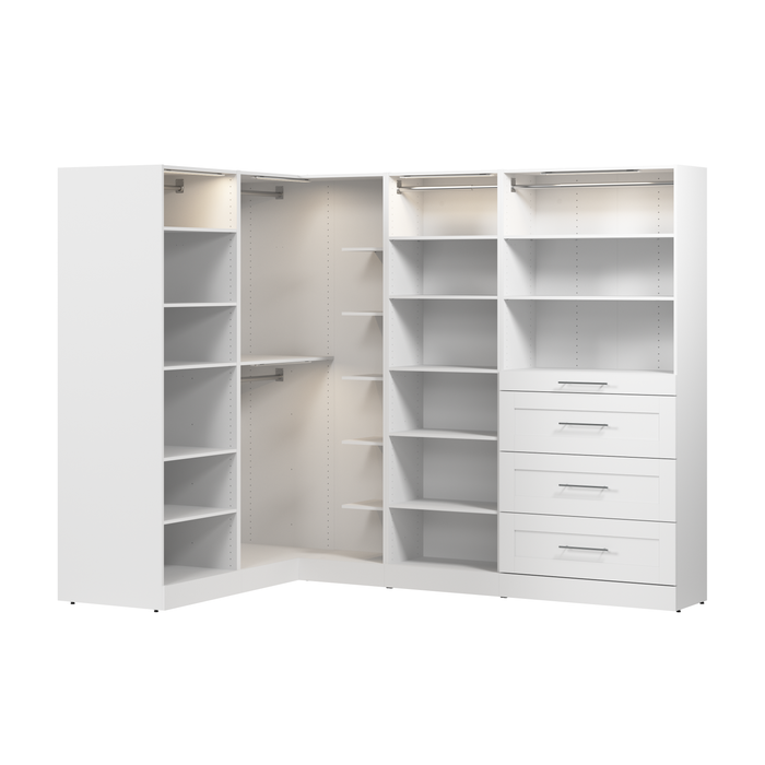 Bestar Florence 105\" Modular L-Shaped Walk-In Closet System with LED Lights, Rods, Shelves and Drawers Shaker Style - White