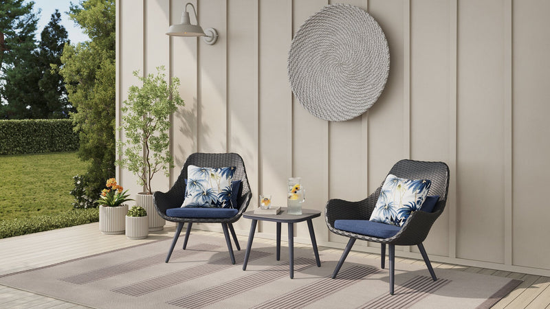 Costa Outdoor Patio Lounger Chair - Hand-Woven Resin Wicker & Metal, UV & Weather Resistant - Dark Grey/Blue