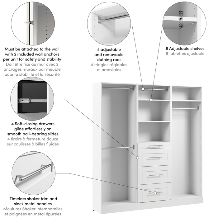 Bestar Florence 75\" Modular Reach-In Closet System with Rods, Shelves and Drawers Shaker Style - White