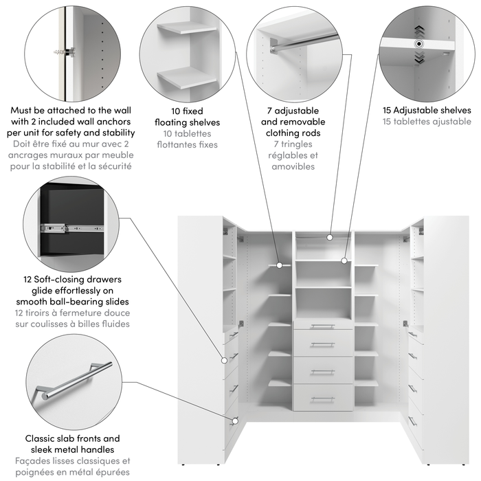 Bestar Florence 94\" Modular U-Shaped Walk-In Closet System with Rods and Storage - White