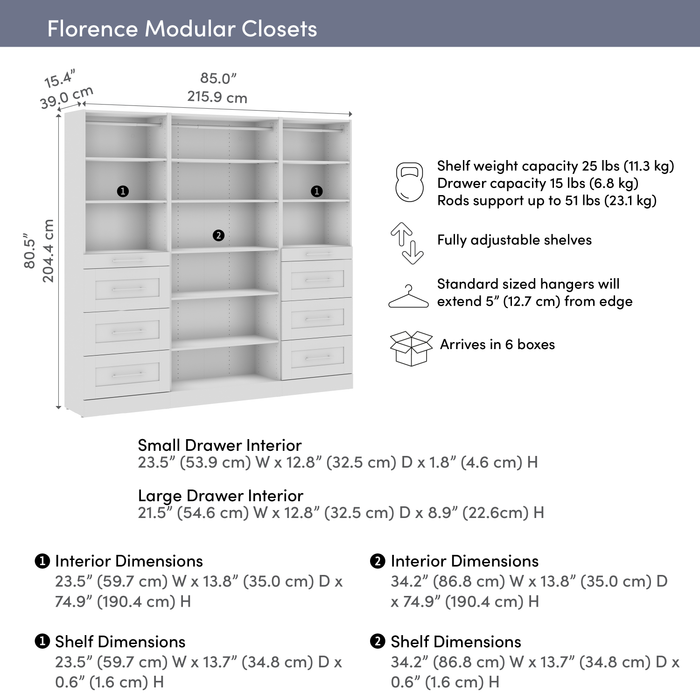 Bestar Florence 85\" Modular Reach-In/Walk-In Closet System with Shelves and Drawers Shaker Style - White