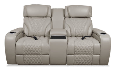 Elite 74" Genuine Leather Massage Power Reclining Loveseat with Immersive Audio and Power Headrests - Putty | Causeuse de massage à inclinaison électrique Elite de 74 po en cuir véritable avec son immersif et appuie-têtes électriques -  mastic