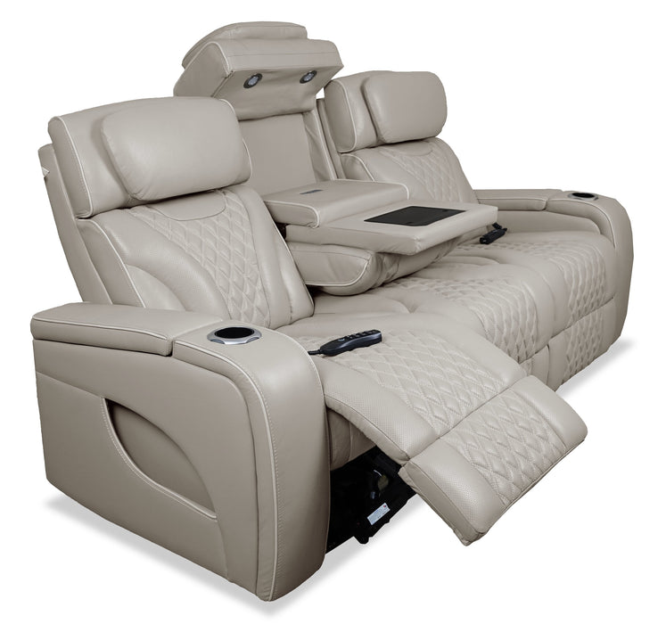 Elite 86\" Genuine Leather Massage Power Reclining Sofa with Immersive Audio and Power Headrests - Putty