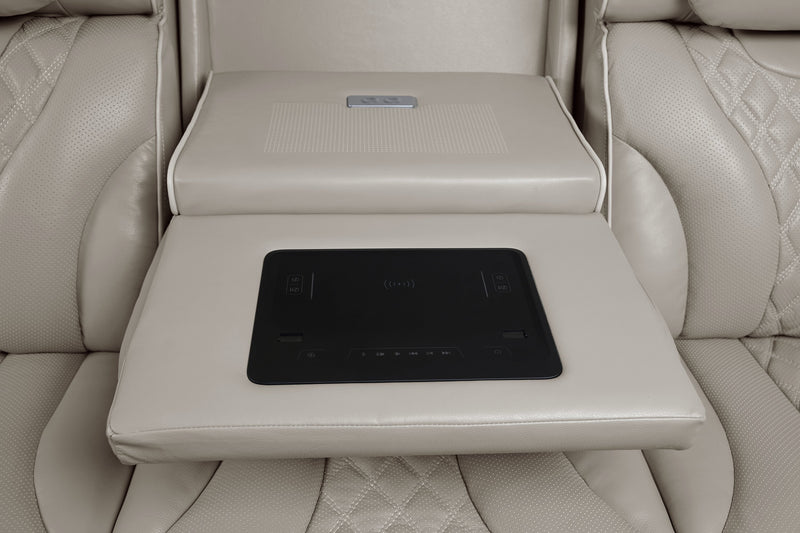 Elite 86\" Genuine Leather Massage Power Reclining Sofa with Immersive Audio and Power Headrests - Putty