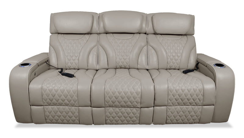 Elite 86\" Genuine Leather Massage Power Reclining Sofa with Immersive Audio and Power Headrests - Putty