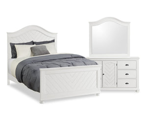 Ella 5pc Bedroom Set with Panel Bed, Dresser & Mirror, White  - Queen Size