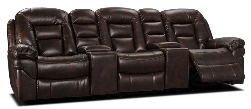 Leo 5-Piece Leather-Look Fabric Home Theatre Reclining Sectional with Storage Consoles and Cupholders - Walnut Brown