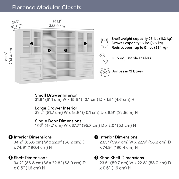 Bestar Florence 132\" Modular Walk-In Closet System with LED Lights, Drawers, Doors and Shoe Shelves Shaker Style - White
