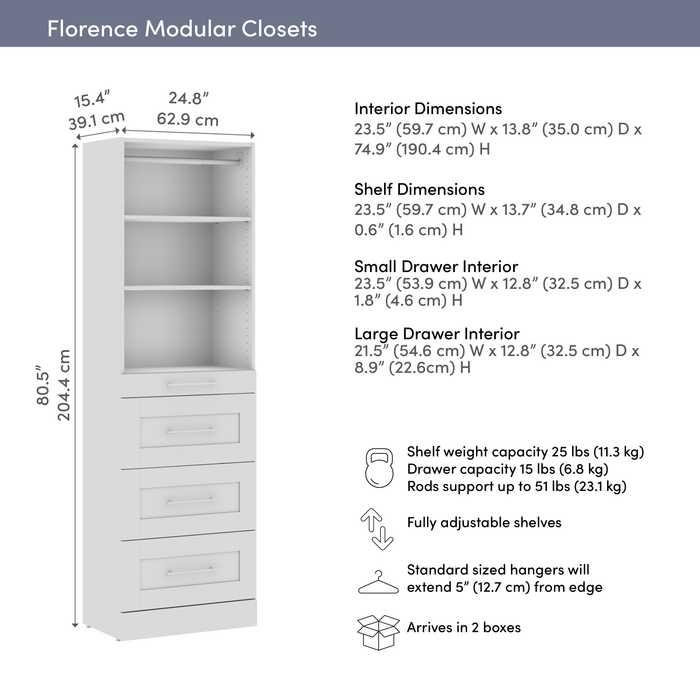 Bestar Florence 25\" Modular Reach-In/Walk-In Closet System Tower with Shelves and 4 Drawers Shaker Style - White