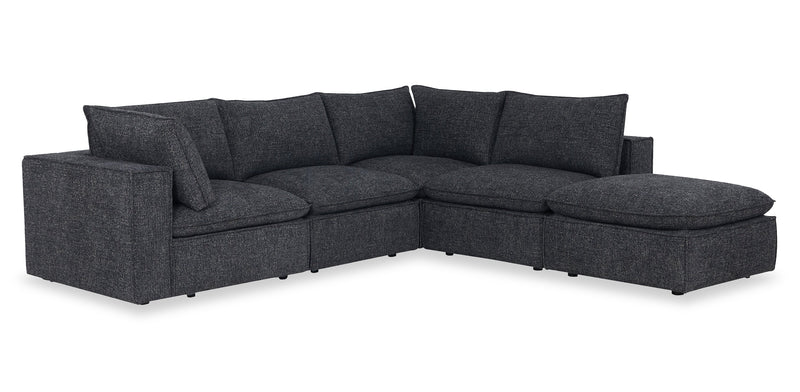 Fusion Modular 5-Piece Charcoal Grey Chenille Fabric Sectional with Feather Down Cushions and Ottoman