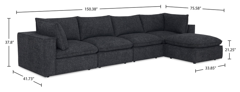 Fusion Modular 5-Piece Charcoal Grey Chenille Fabric Sectional with Feather Down Cushions and Ottoman