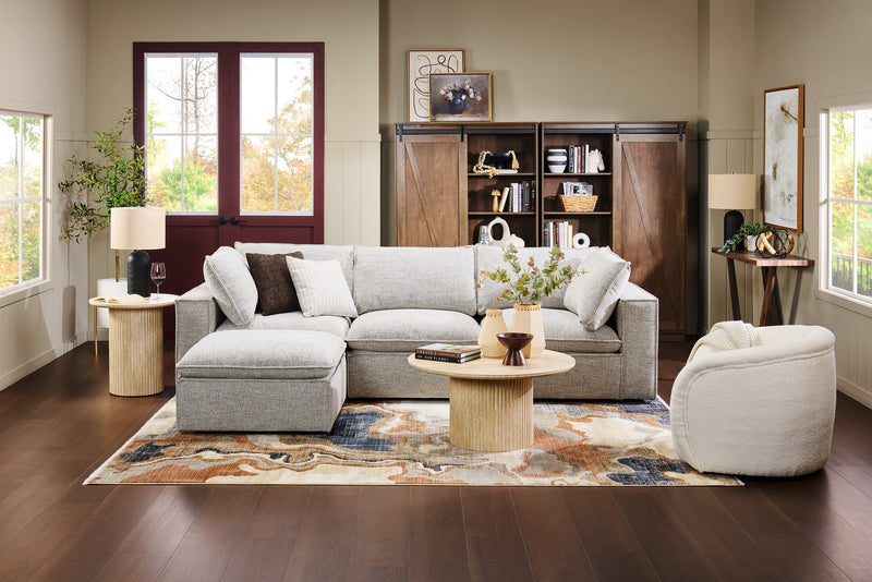 Fusion Modular 4-Piece Silver Grey Chenille Fabric Sectional with Feather Down Cushions and Ottoman