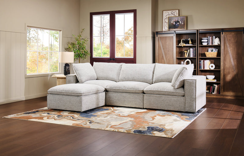 Fusion Modular 4-Piece Silver Grey Chenille Fabric Sectional with Feather Down Cushions and Ottoman