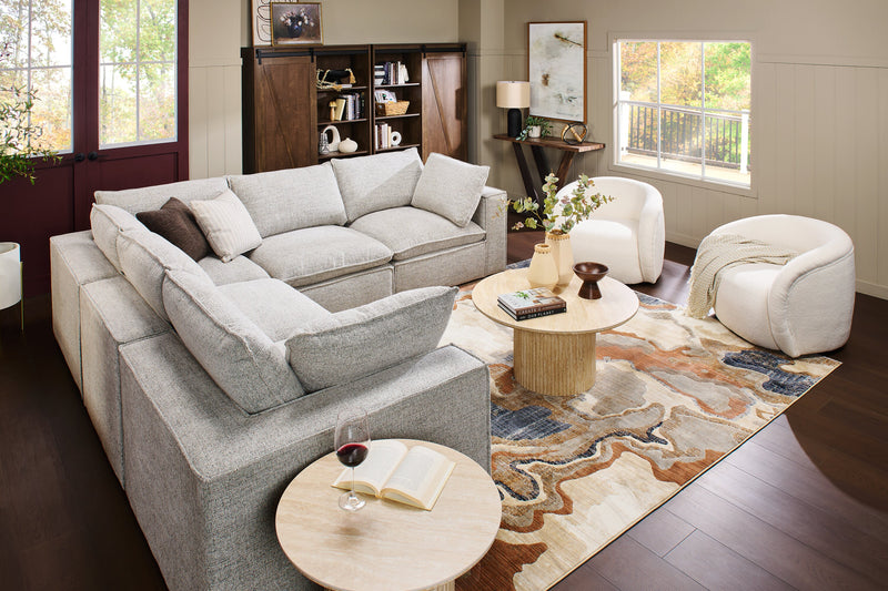Fusion Modular 5-Piece Silver Grey Chenille Fabric Sectional with Removable Feather Down Back Cushions