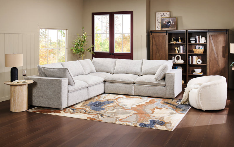 Fusion Modular 5-Piece Silver Grey Chenille Fabric Sectional with Removable Feather Down Back Cushions