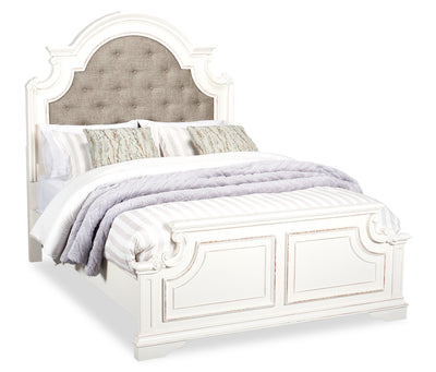 Grace Panel Bed with Headboard & Frame, Wooden, Fabric, Antique White - Queen Size | Lit à panneau Grace en bois et en tissu avec tête de lit et cadre de lit, blanc antique - format grand lit