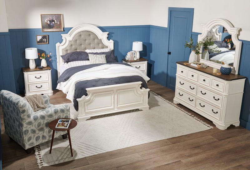Grace Panel Bed with Headboard & Frame, Wooden, Fabric, Antique White - Queen Size