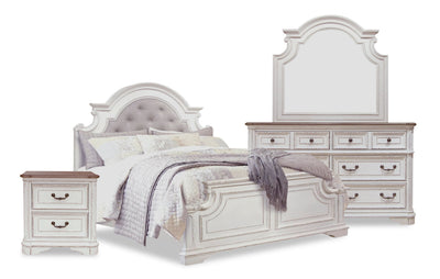 Grace 6pc Bedroom Set with Bed, Dresser, Mirror & Nightstand, Wooden, Fabric, Antique White - Queen Size | Ensemble de chambre à coucher Grace 6 pièces en bois et en tissu avec lit, commode, miroir et table de nuit, blanc antique - format grand lit