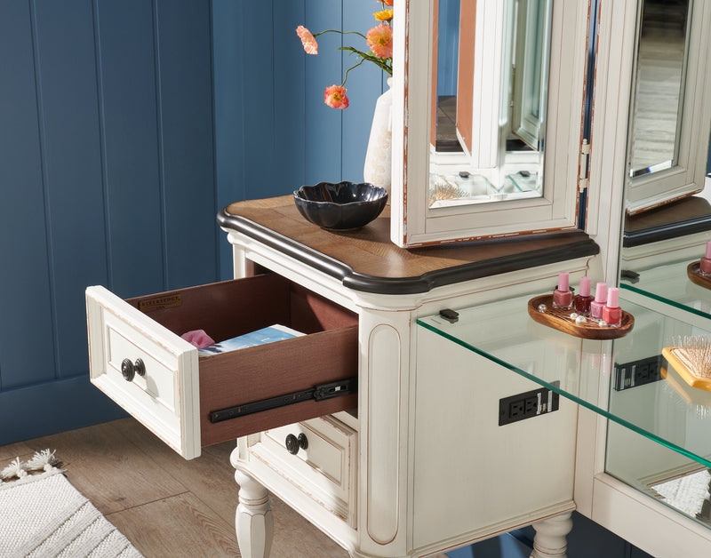 Grace Bedroom Vanity Set with Stool, Mirror, Built-in Power Outlets & USB Ports - Antique White