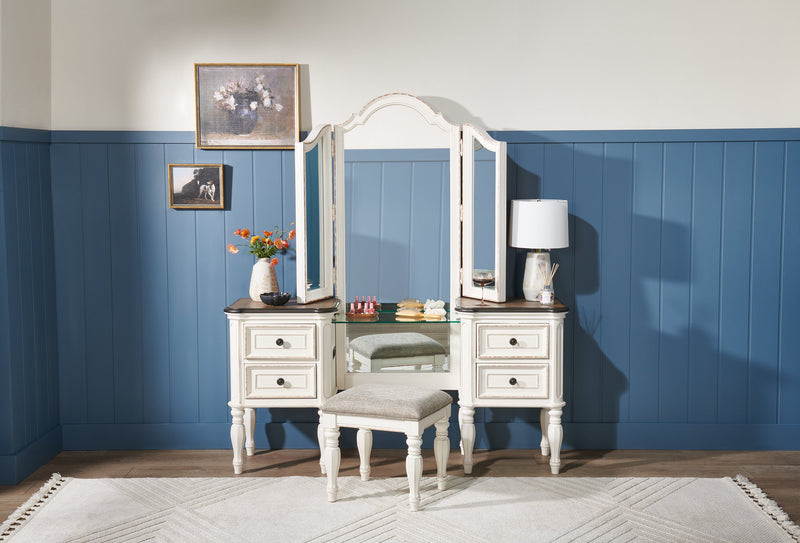 Grace Bedroom Vanity Set with Stool, Mirror, Built-in Power Outlets & USB Ports - Antique White