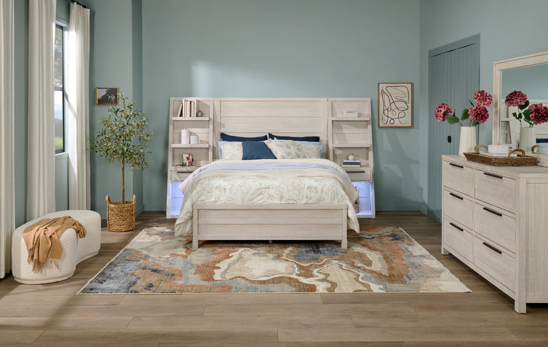 Haven Pier Bed with Headboard, Frame & 2 Piers, USB, LED, White - Queen Size