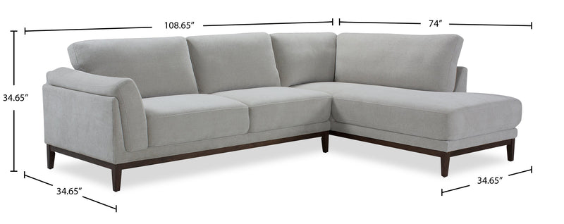 Horizon 2-Piece Right-Facing Fabric Sectional with Wood Base and Legs - Grey