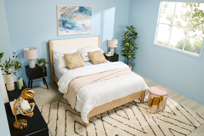 Jolie Panel Bed with Headboard & Frame, Boucle Fabric, White & Natural - Queen Size