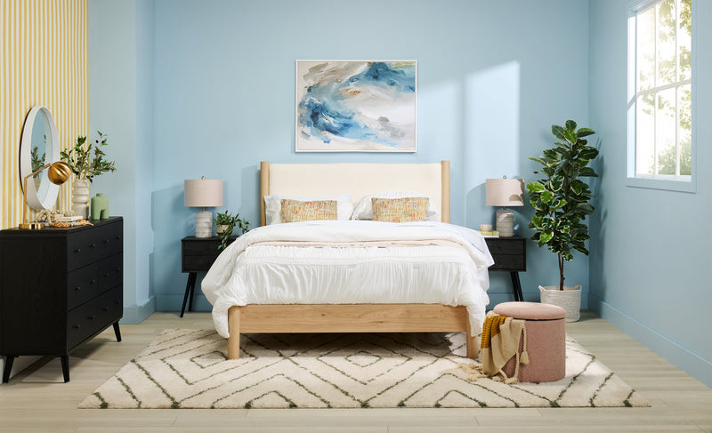 Jolie Panel Bed with Headboard & Frame, Boucle Fabric, White & Natural - Queen Size