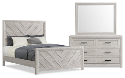 Lark 5pc Bedroom Set with Panel Bed, Dresser & Mirror, Rustic White  - Full Size | Ensemble de chambre à coucher Lark 5 pièces blanc rustique avec lit à panneaux, commode et miroir - format lit double