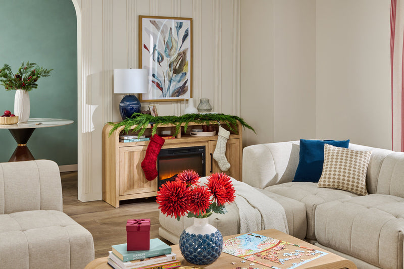 Scott Living Lenore 60\" Electric Fireplace TV Stand with Storage - Natural