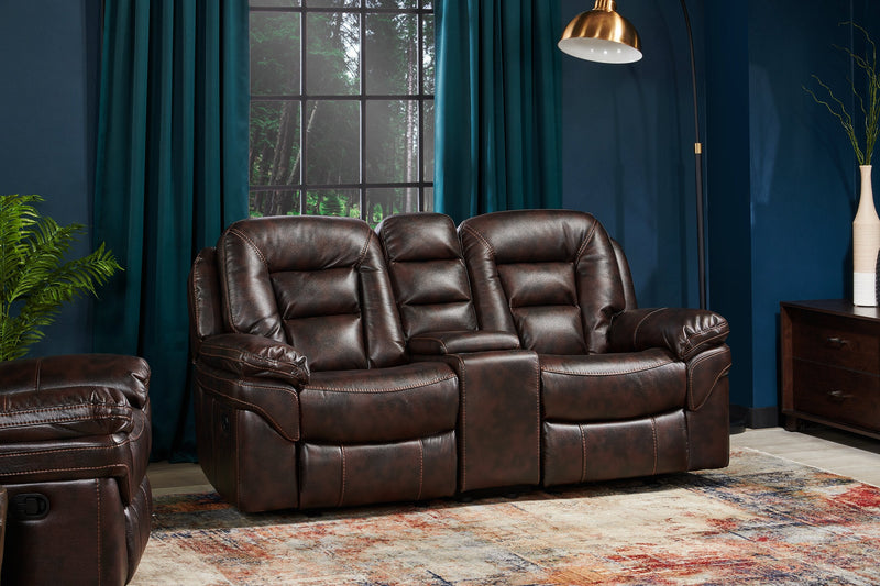 Leo 78\" Leather-Look Fabric Glider Reclining Loveseat with Storage Console - Walnut Brown