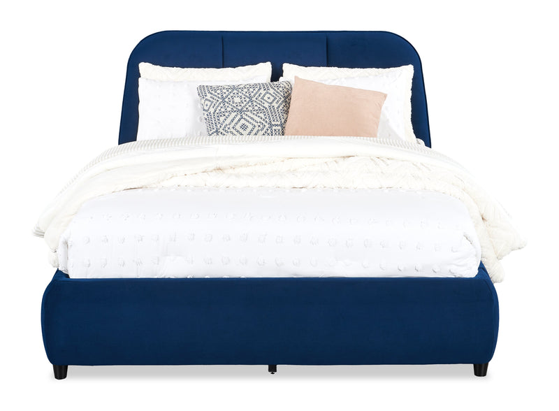 Mave Upholstered Platform Bed in Blue Velvet Fabric - Queen Size