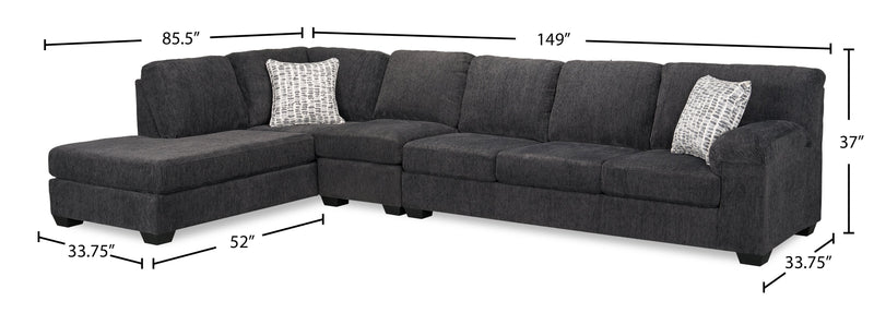 Made in Canada Morgan 3-Piece Left-Facing Chenille Fabric Sectional with Sofa and Accent Pillows - Grey