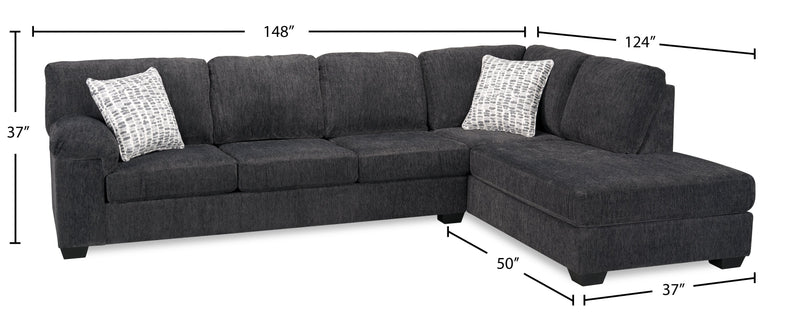 Made in Canada Morgan 2-Piece Right-Facing Chenille Fabric Sofa Bed Sectional with Accent Pillows - Grey