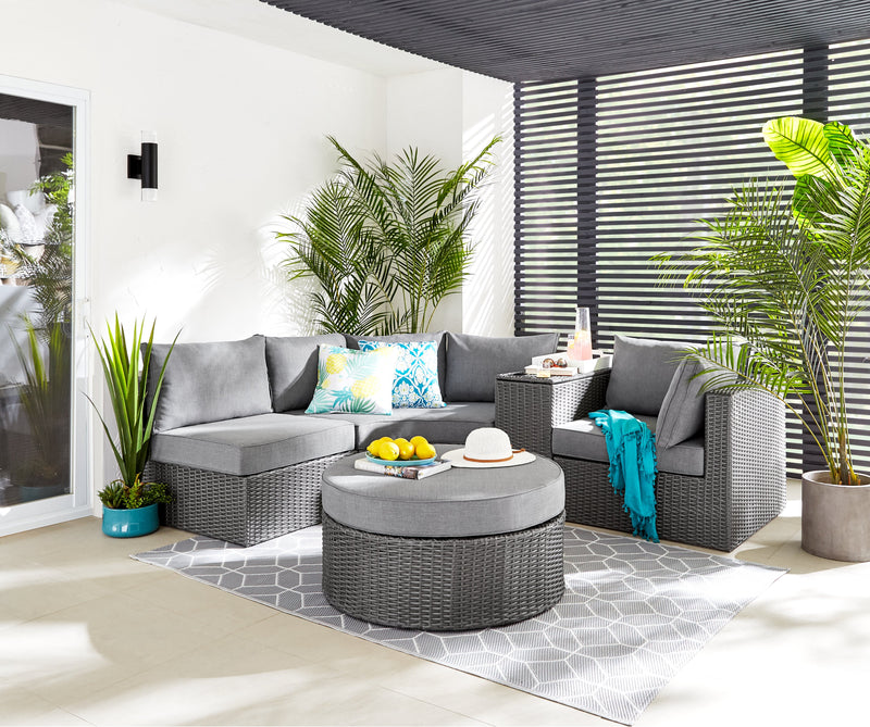 Morris 5-Piece Outdoor Patio Set with 3 Corner Chairs & 2 Storage Armless Chairs - Hand-Woven Resin Wicker, Olefin Fabric, UV & Weather Resistant – Grey