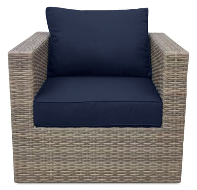 Naples Outdoor Patio Chair - Hand-Woven Resin Wicker, UV & Weather Resistant - Natural/Blue | Fauteuil Naples pour la terrasse à l’extérieur - osier en résine tressé à la main, résistant aux rayons UV et aux intempéries - naturel et bleu