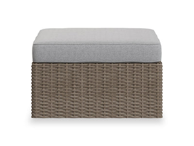 Naples Large Outdoor Patio Ottoman - Hand-Woven Resin Wicker, UV & Weather Resistant - Natural/Grey | Grand pouf Naples pour la terrasse à l’extérieur - osier en résine tressé à la main, résistant aux rayons UV et aux intempéries - naturel et gris