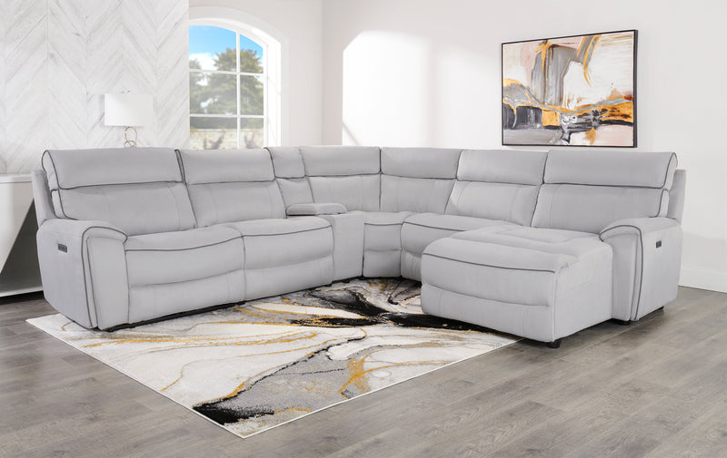 Cindy Crawford Home Newport 6-Piece Right-Facing Faux Suede Power Reclining Sectional with USB Port - Grey