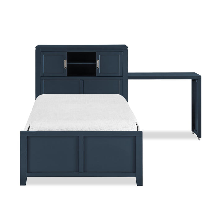 Quinn Platform Bed with Bookcase Headboard, Built-in Desk & Stool, Blue - Twin Size