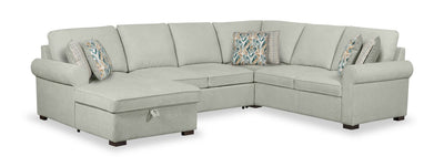 Scott Living Haven 4-Piece Left-Facing Chenille Fabric Sleeper Sectional with Storage Chaise - Seafoam Blue | Sofa-lit sectionnel de gauche Haven de Scott Living 4 pièces en tissu de chenille avec fauteuil long de rangement - bleu écume de mer