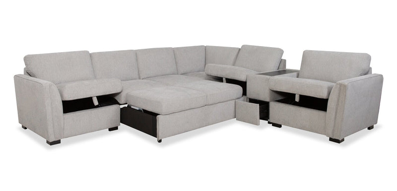 Vault 6-Piece Sectional with Sofa Bed Loveseat and Three Storage Chairs - Grey