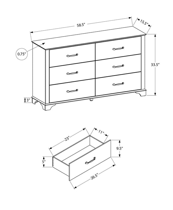 Clara Bedroom 6-Drawer Dresser, 59\"W x 34\"H - Bleached Oak & Brown