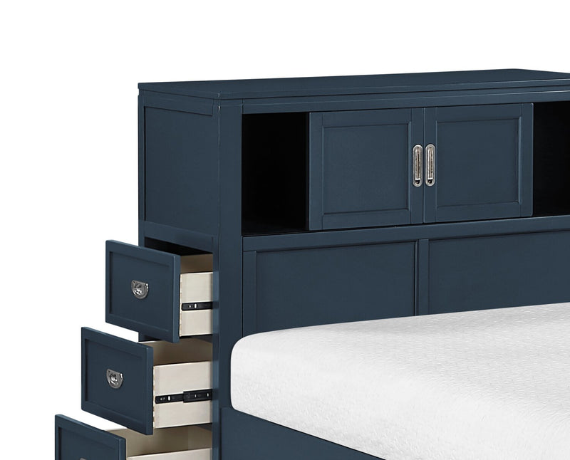 Quinn Platform Bed with Bookcase Headboard, Built-in Desk & Stool, Blue - Full Size