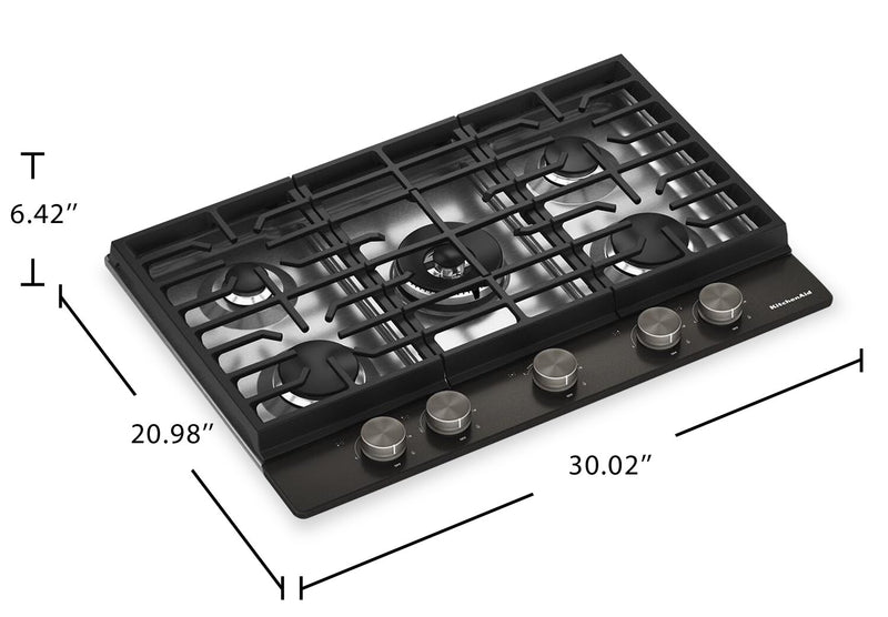 KitchenAid 30\" Gas-on-Metal Cooktop with Integrated Wok Grates – Black Ore - KCGK530SBE