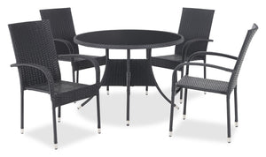 Arizona 5-Piece Outdoor Patio Set with Round Table & 4 Chairs - Hand-Woven Resin Wicker, Round Glass Table Top, UV & Weather Resistant - Black